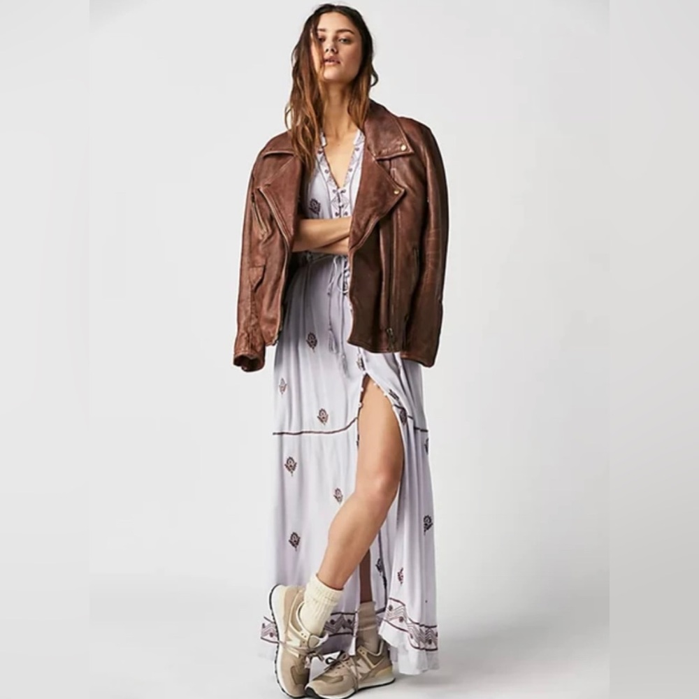 New Free People Riley Embroidered Maxi Dress Purple Gray